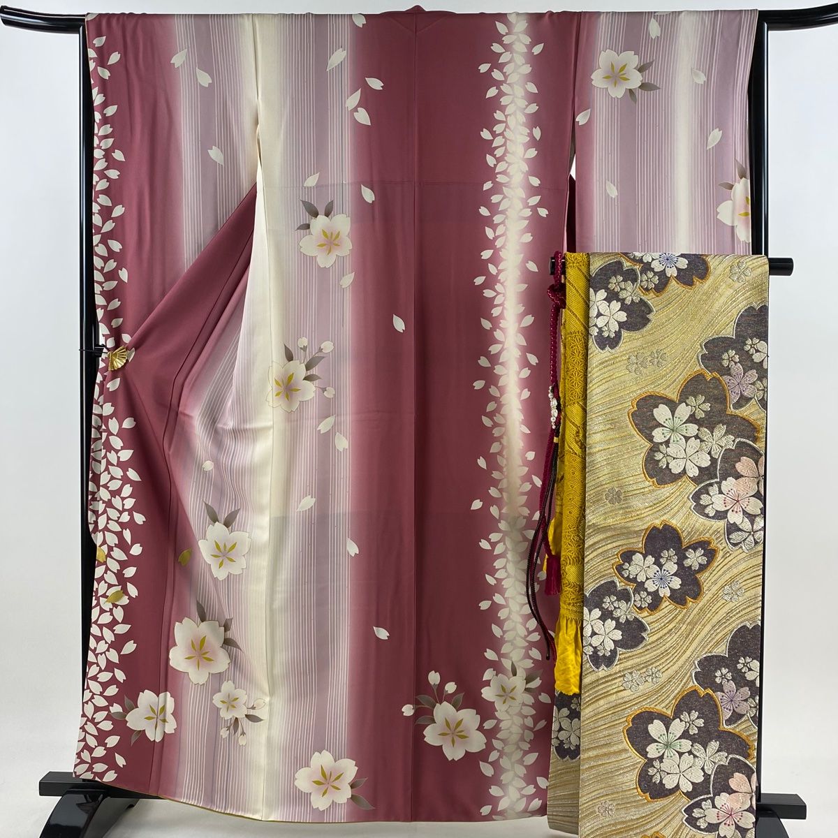 振袖 身丈161.5cm 裄丈65.5cm M 袷 袋帯フルセット 桜 縦縞 金糸