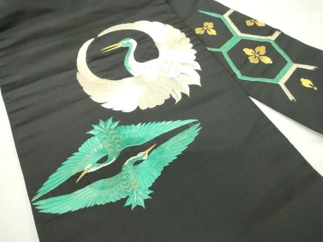 平和屋着物 アンティーク 大正ロマン 九寸名古屋帯 総刺繍 双鶴菱 黒地 金糸 正絹 DAAX3366az