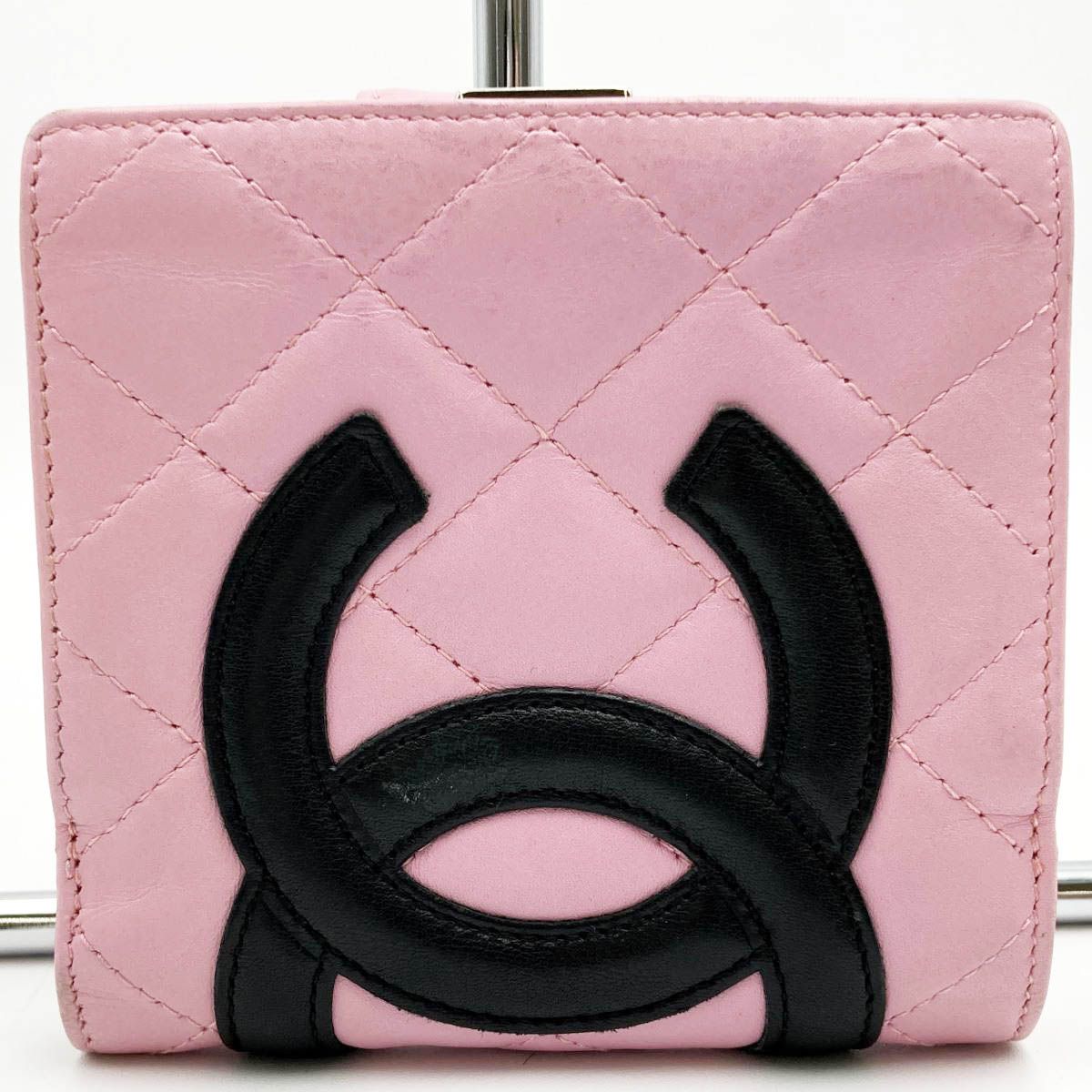 中美品 CHANEL シャネル カンボンライン 二つ折り財布 財布 ウォレット ココマーク ピンク ブラック レザー レディース ファッション 小物  USED