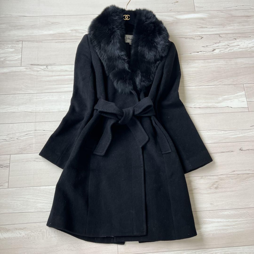 美品　ピンキーアンドダイアン　ブルーフォックスファー　アンゴラコート　ベルテッド 美品 ピンキーアンドダイアン ベルテッドコート アンゴラ ブルー