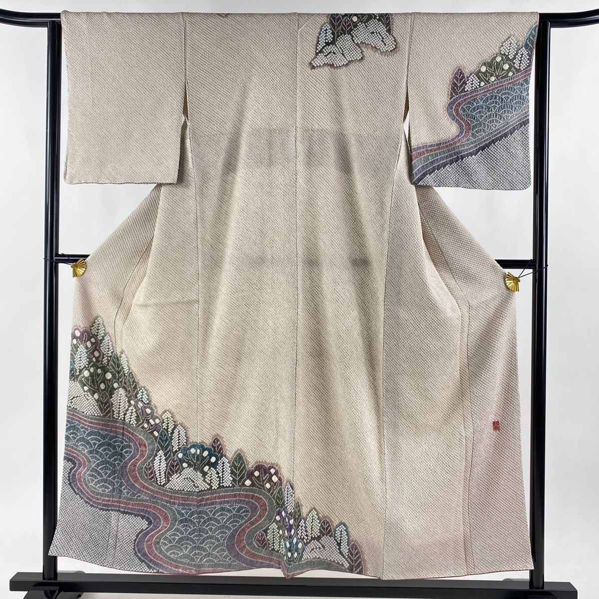 訪問着 身丈154cm 裄丈62.5cm S 袷 藤娘きぬたや 落款 樹木 流水 総  