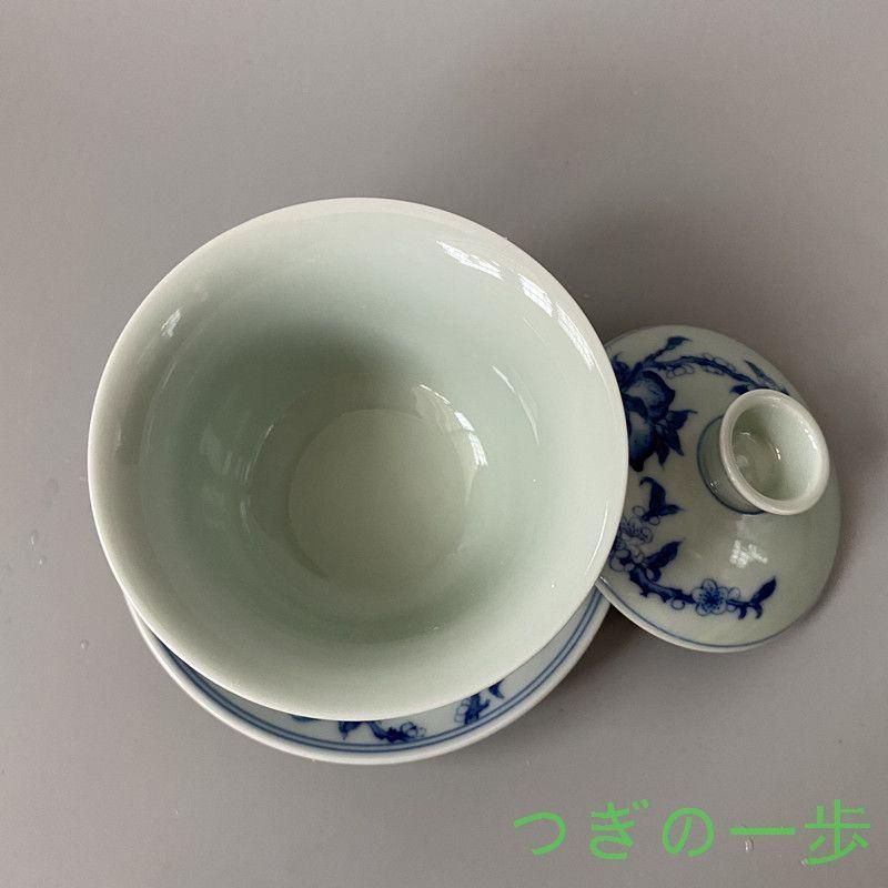 中国茶器 青花釉下寿桃三才蓋碗 茶器 茶碗 景徳鎮 未使用品