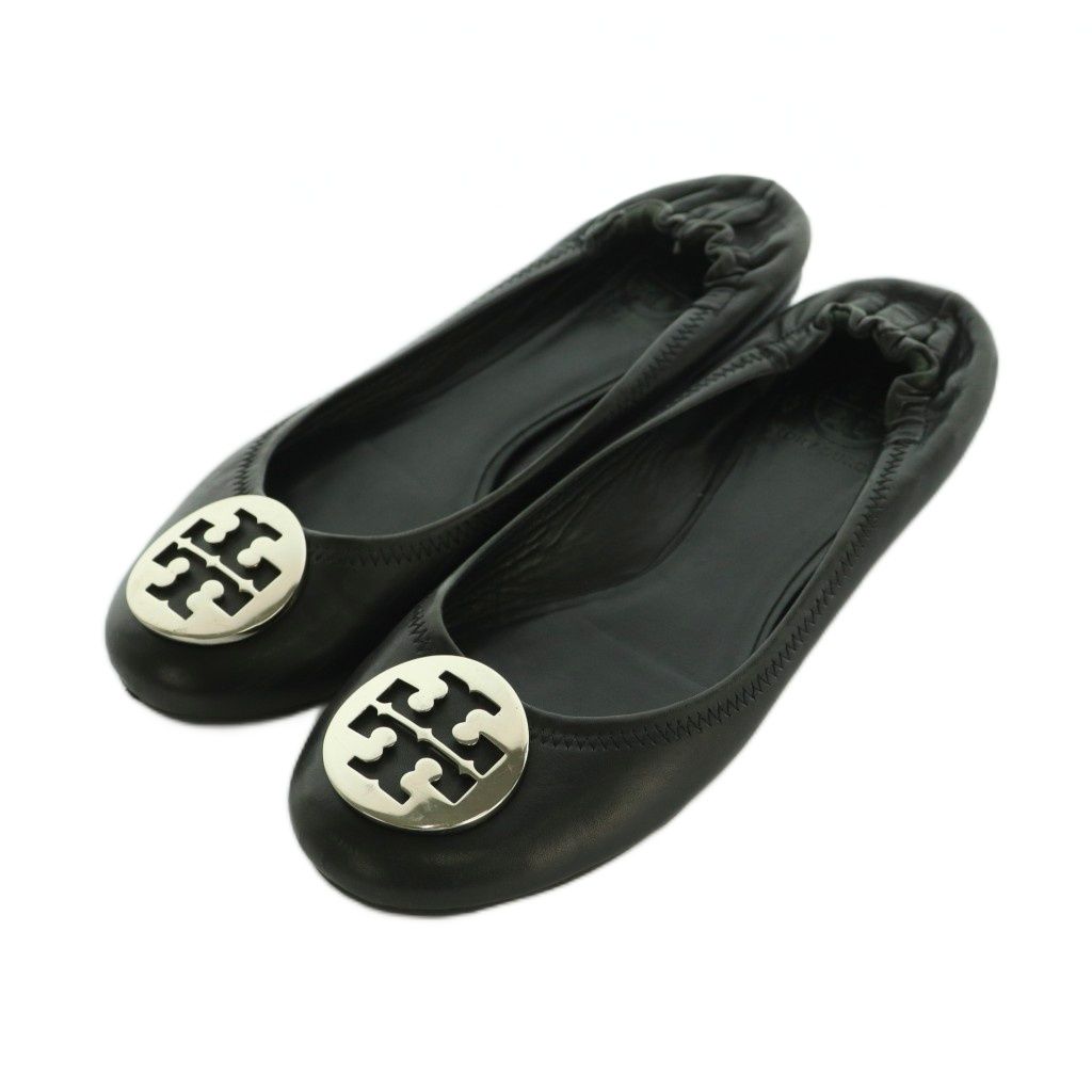 【美品】Tory Burch 8M 黒 フラットシューズ ロゴプレート付き トリーバーチ TORY BURCH バレエシューズ レザー ロゴプレート