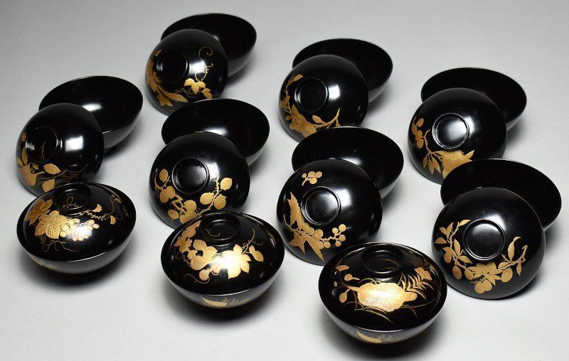 蔵A4335c 木製 蒔絵絵替文 吸物椀 汁椀 十客