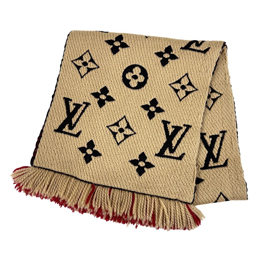 ルイ ヴィトン LOUIS VUITTON マフラー レディース メンズ ブランド ストール モノグラム ウール シルク エルシャプ ロゴマニア デュオ ベージュ レッド リバーシブル AW 秋冬 防寒 太め ボリューム