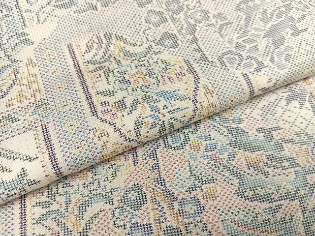 平和屋着物○本場大島紬 訪問着 白大島 カタス7マルキ 更紗花鳥文 正絹