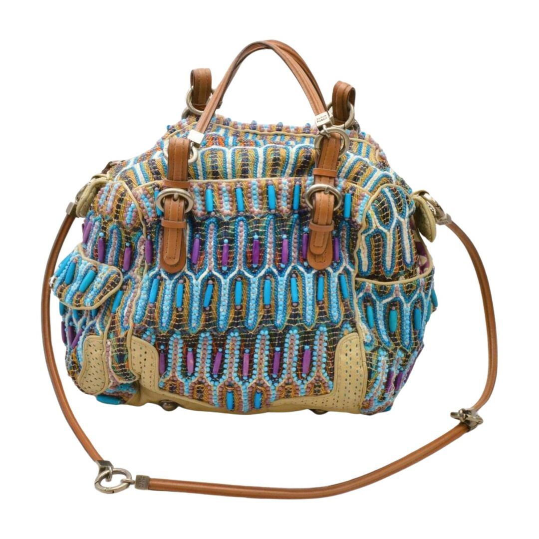 ジャマンピュエッシュ Jamin Puech H.P.FRANCE ハンド|ショルダーバッグ ビーズ レザー 刺繍 ブルー×ベージュ レディース F-B6809