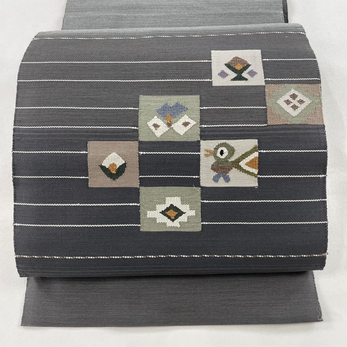 名古屋帯 美品 優品 松葉仕立て 八寸名古屋帯 市松 幾何学 黄緑色