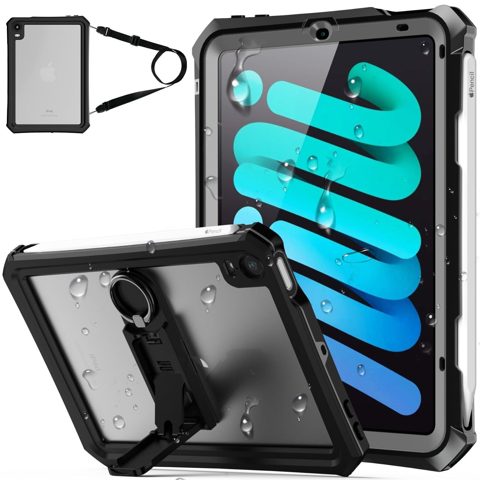 完全防水 IP68 防塵 耐衝撃 8.3インチ ペン収納 ケース(2021モデル、第6世代) 保護フィルム付 Mini6 TouchID認証対応 キックスタンド 2024モデル、第7世代)、iPad ショルダーストラップ Pro お風呂 (A17 