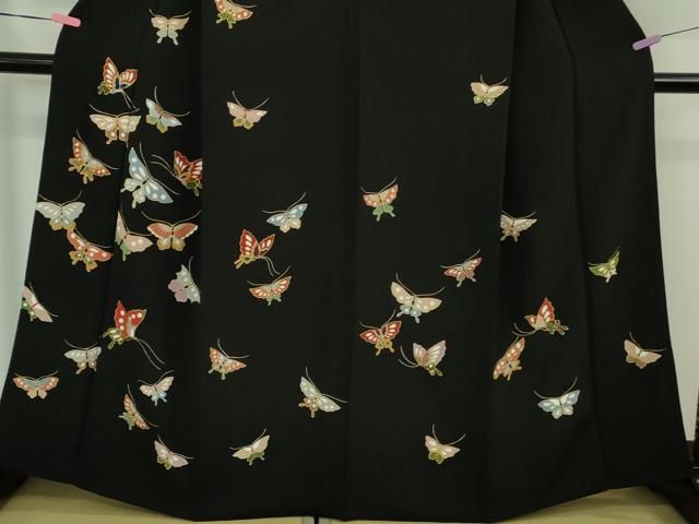 平和屋本店□極上 訪問着 舞蝶文 黒地 金彩 鬼しぼ縮緬 高島屋扱い