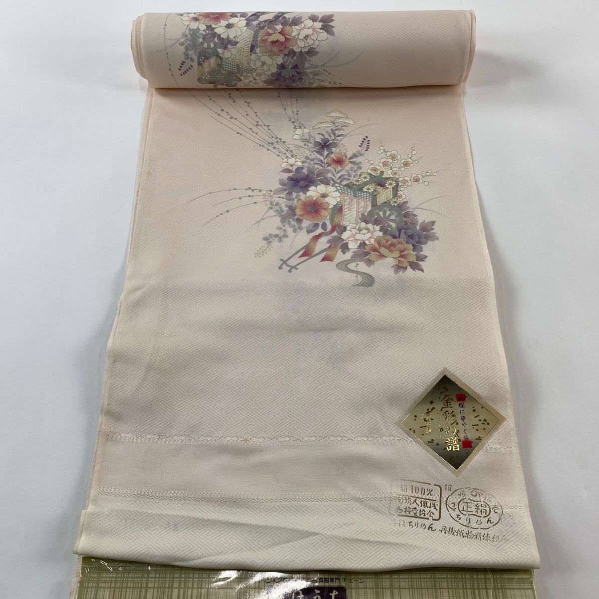 【安心の正規品】 反物 秀品 小紋 御所車 草花 金彩 薄ピンク 正絹