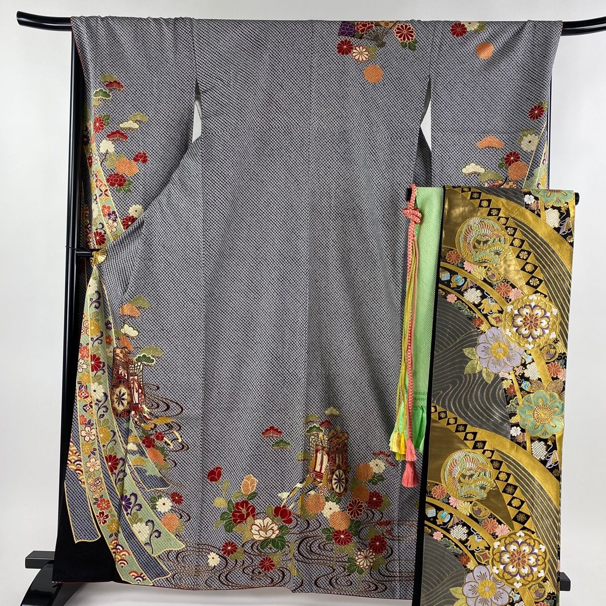 振袖 身丈163.5cm 裄丈70cm L 袷 袋帯フルセット 御所車 観世流水 絞り  