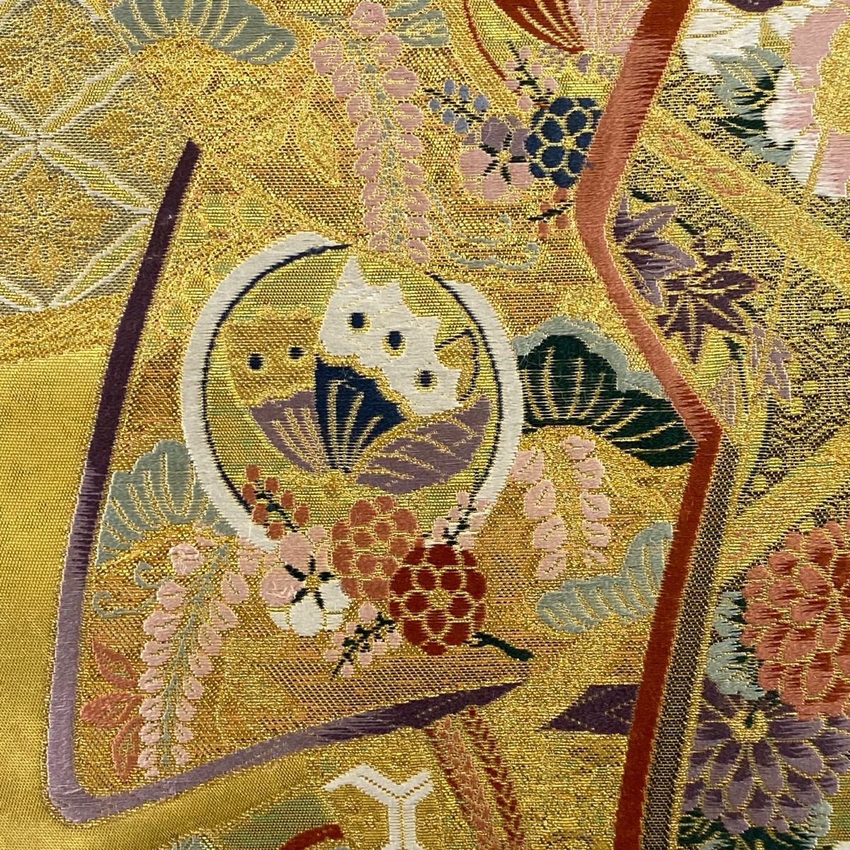 袋帯 秀品 証紙 小槌 花鳥 箔 黄土色 六通 正絹