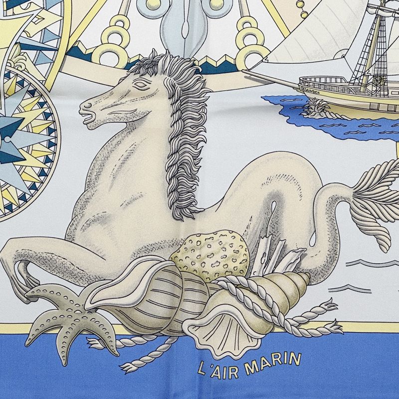 エルメス スカーフ L'AIR MARIN 船、馬、貝のモチーフ 馬モチーフ