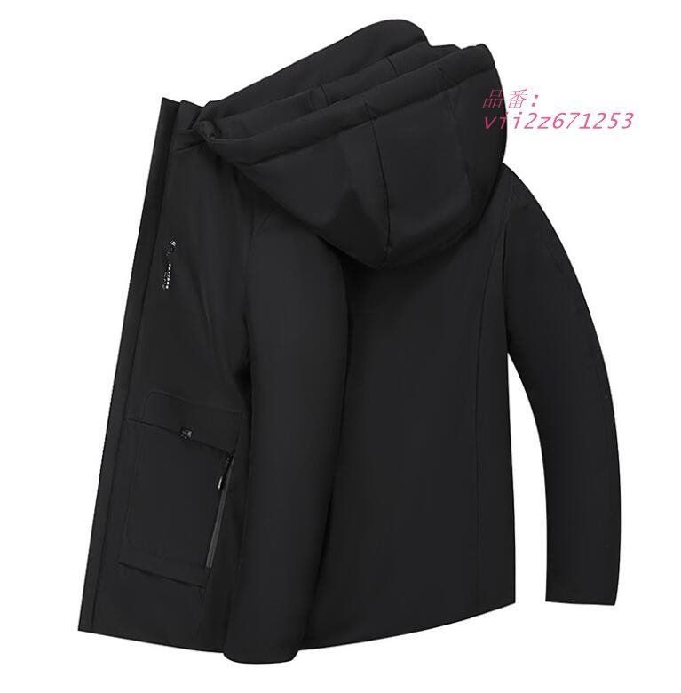 新作ミディアム丈 メンズ中綿ジャケット 無地厚手秋冬アウター ブラック ミディアム丈厚手コートフードは取り外し可 保温中綿コート 防寒アウタートップス紺色  vii2z671253