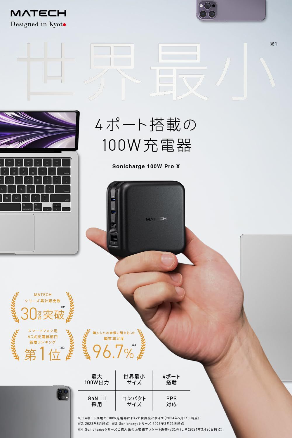 商品 MATECH マテック R 充電器 100W Type-C 急速 USB PD GaN III採用 タイプC A 折りたたみ式プラグ MacBook ノートパソコン iPhoneシリーズ対応 Sonicharge 100W Pro X ブラック