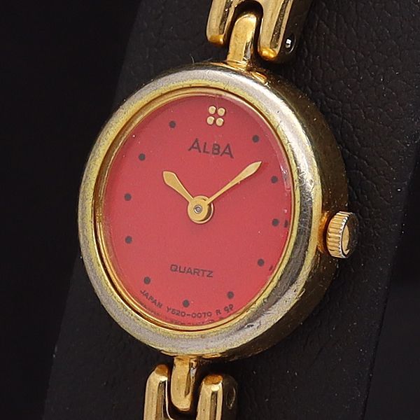 セイコー QZ Y520-5020 アルバ 赤文字盤 オーバル レディース腕時計 