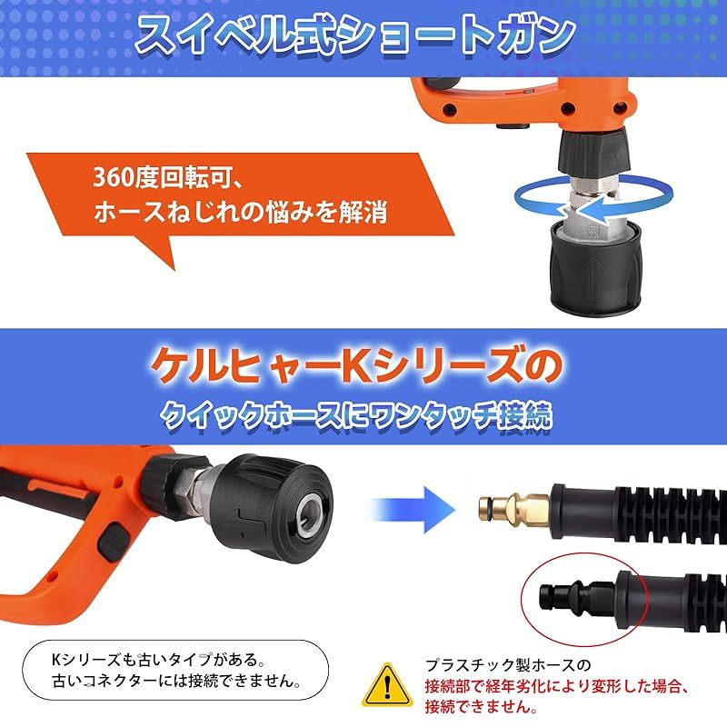 ねじれ防止 引金保持機能 Kebtek 高圧洗浄ショートガン 6in1洗車 ねじれ防止 スイベル付き 引金保持機能 フォームガン M22 14mm真ちゅう製 ケルヒャー Karcher Kシリーズのクイックホース対応 高圧洗浄ガン 洗車 洗床用 掃除用 0