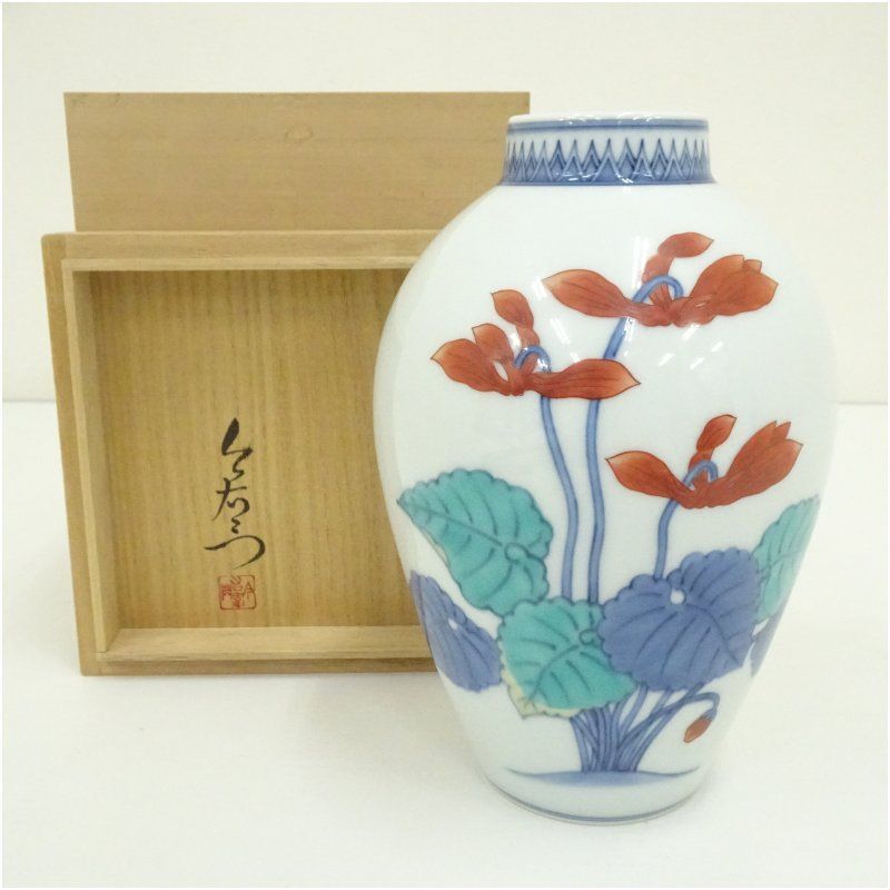 今泉今右衛門造 錦花絵花瓶 共箱 花器 おしゃれ かわいい アンティーク フラワーベース 華道 華道具 茶道具 茶道 生花 花入れ