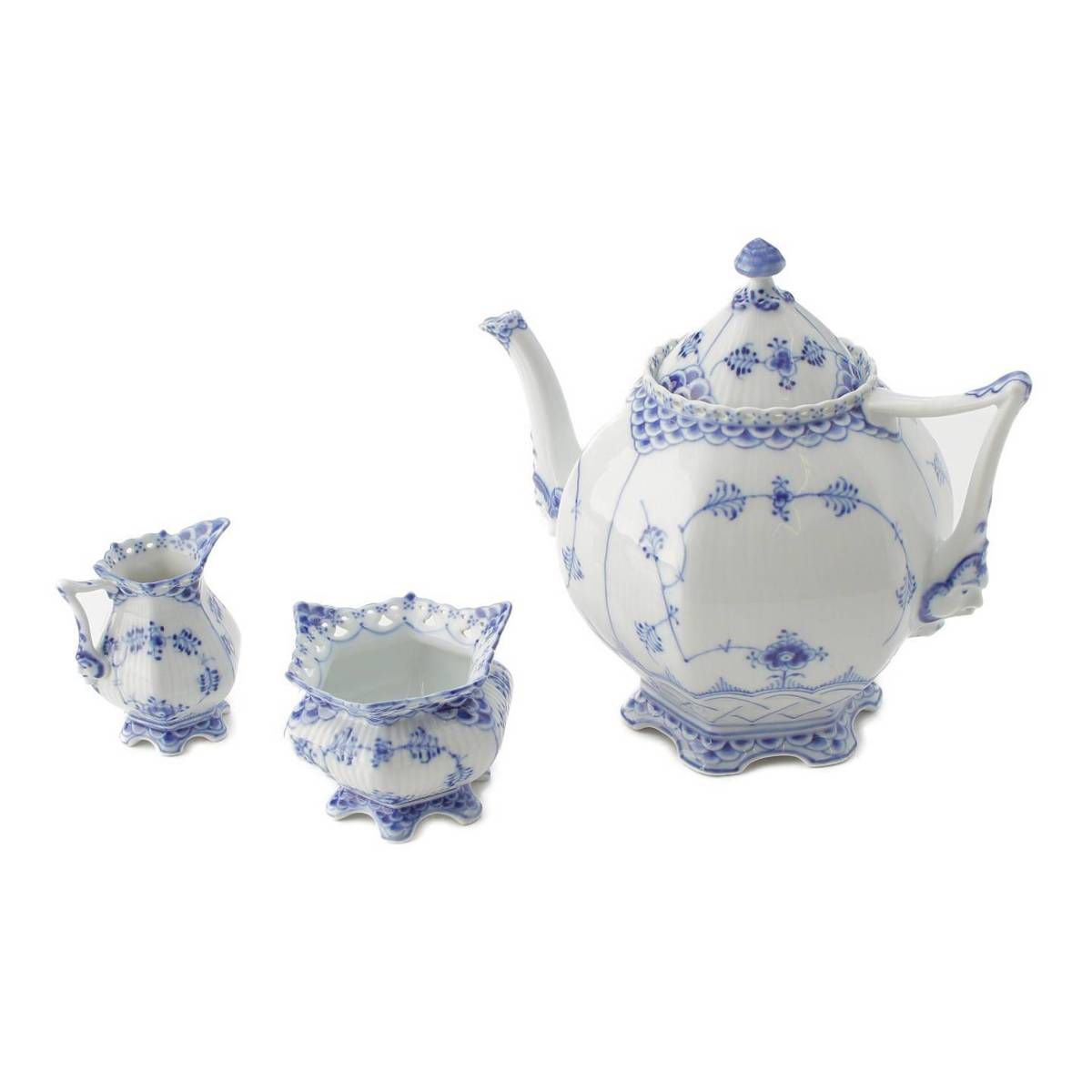 ロイヤルコペンハーゲン Royal Copenhagen ブルーフルーテッド フルレース 顔付き ティーポット クリーマー シュガーポット 3点 鑑定済 保証 214861