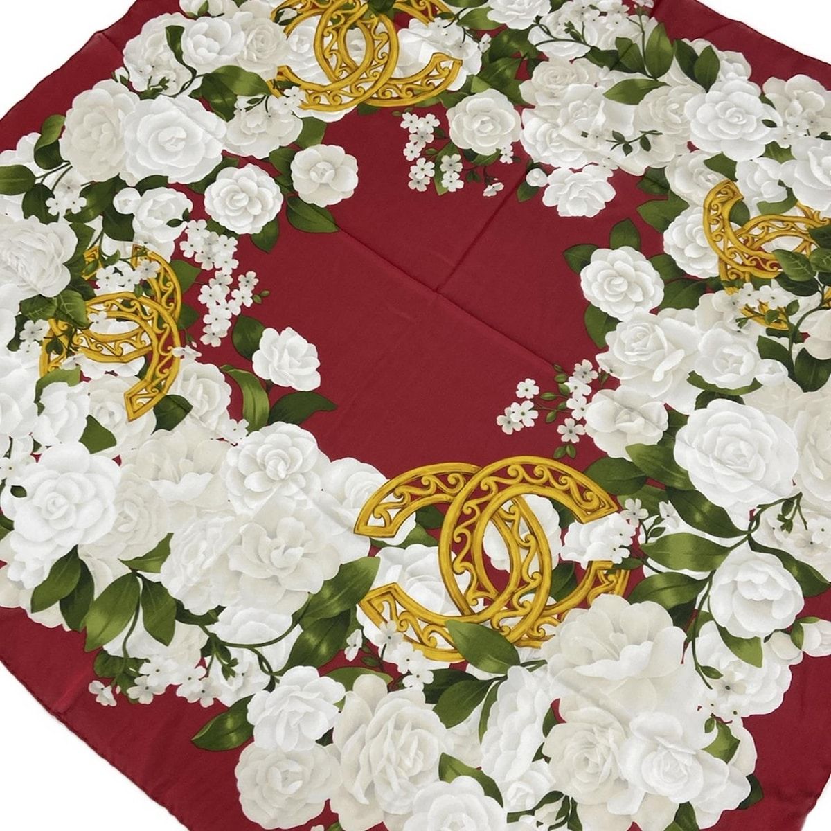 CHANEL シャネル スカーフ カメリア レッド×白×マルチ 花柄|ココマーク