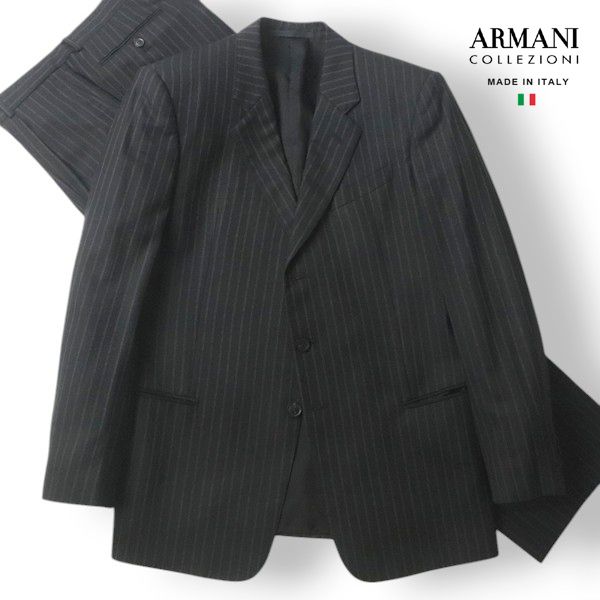 イタリア製 ARMANI COLLEZIONI アルマーニ コレツィオーニ 水牛ボタン シルク混 ウール 3つボタン スーツ 黒 52R ￥165 000-