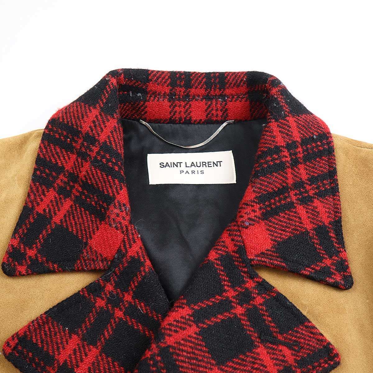 サンローランパリスエード切替チェック柄Pコート48