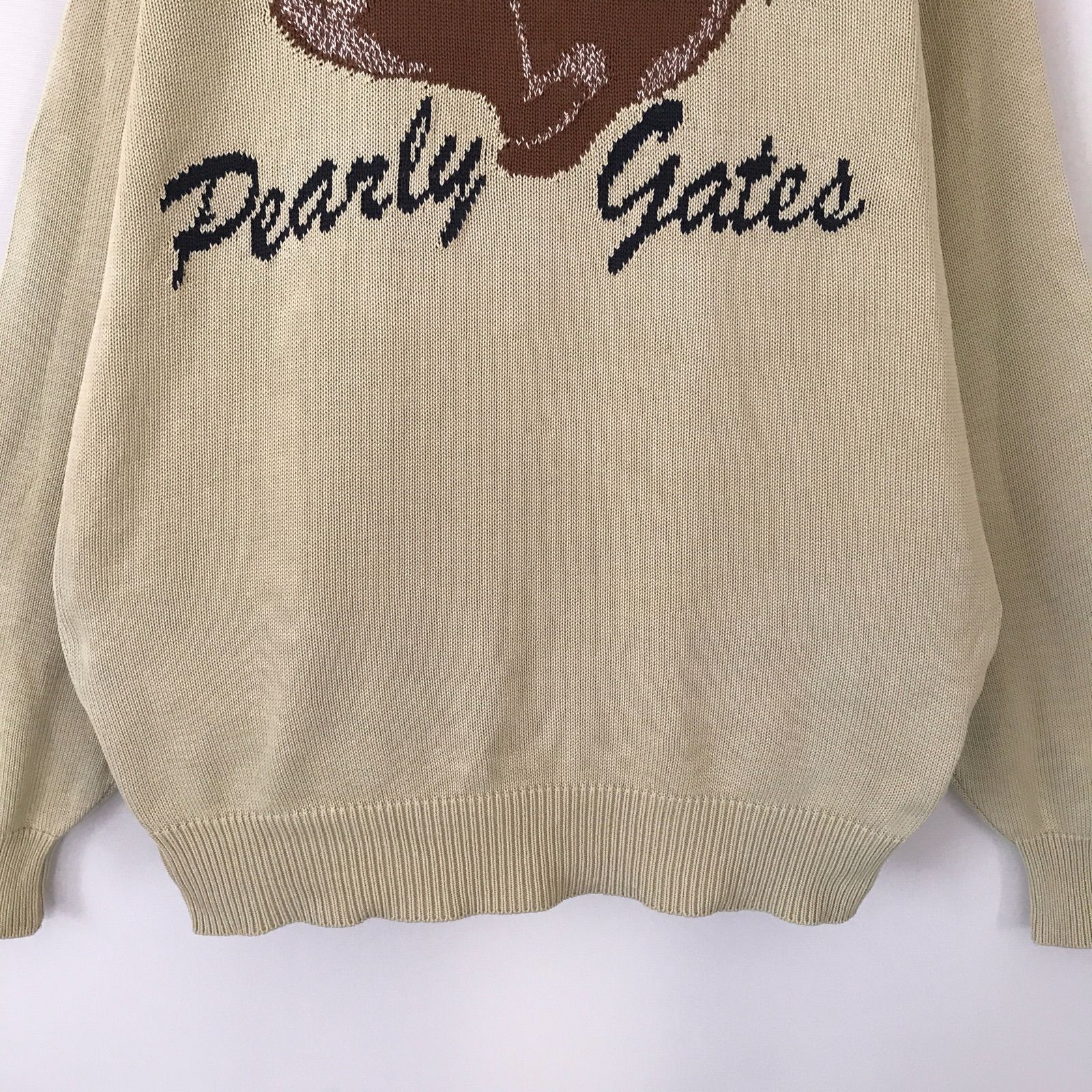 PEARLY GATES★パーリーゲイツ★ゴルフウェア★ハネウサギ ビッグ刺繍★コットンセーター★ナチュラル大きめニット★サイズ4(メンズL)  2310O095