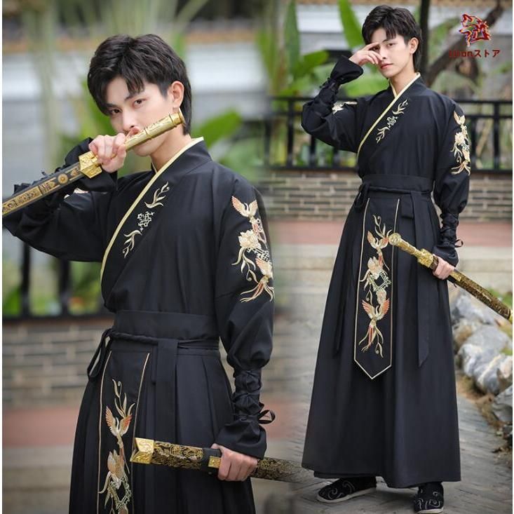 職人製作 チャイナ服 中華コスプレ衣装 メンズ漢服 男性 大人中華服 唐装 上下セットアップ おしゃれ チャイナ衣装 黒に金フェニックス刺しゅう 中国