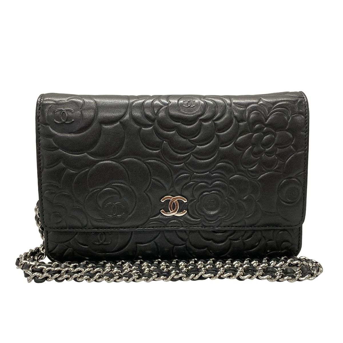 CHANEL シャネル 財布 カメリア A47421 黒 チェーンウォレット シルバー金具 型押し加工 ラムスキン