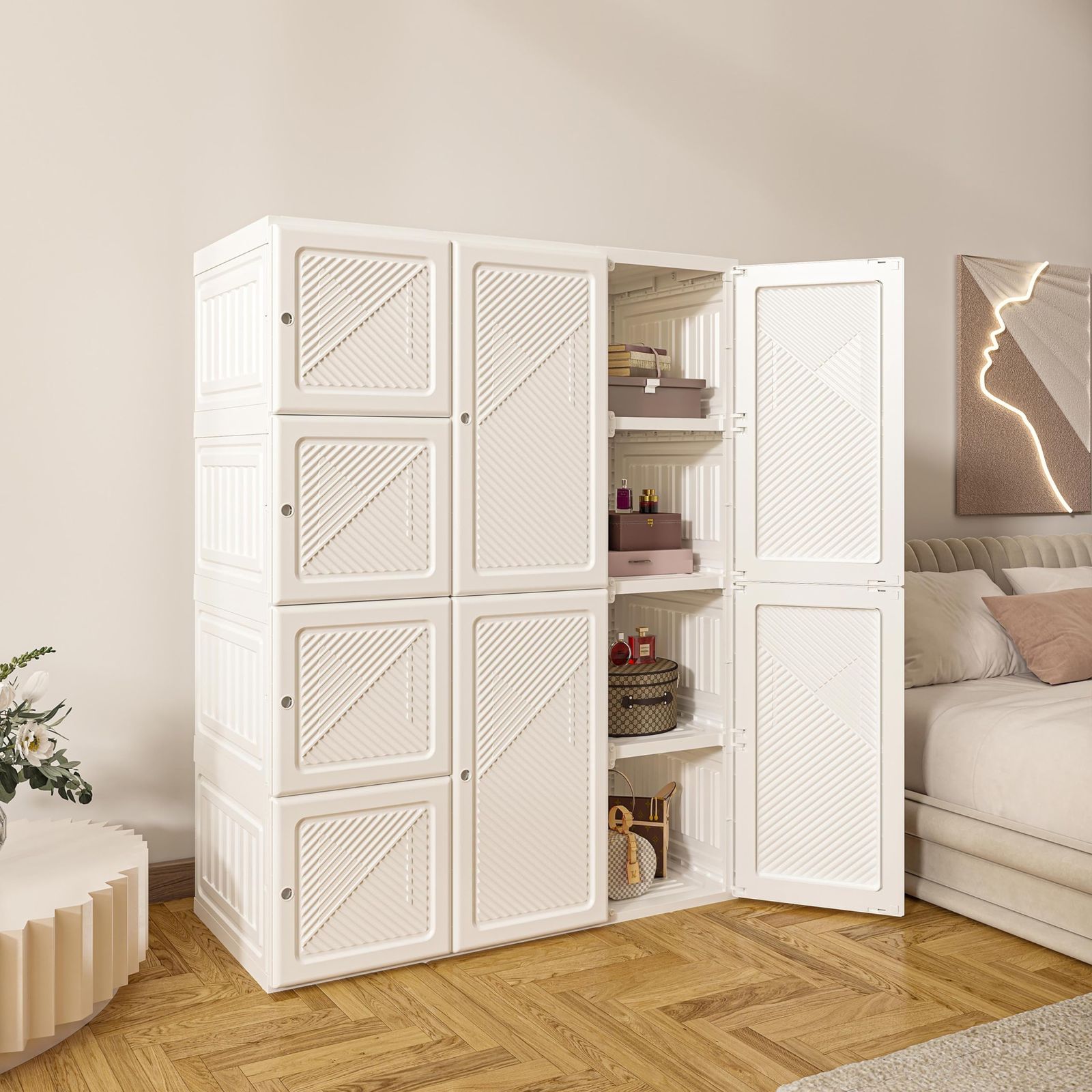 Mayi Box ワードローブ クローゼット 大容量 ハンガーラック シンプル収納棚 衣類ケース 一体折り畳み式 洋服収納ラック 扉付き 雑物 小物 耐荷重 省スペース 頑丈 リビング 12マス