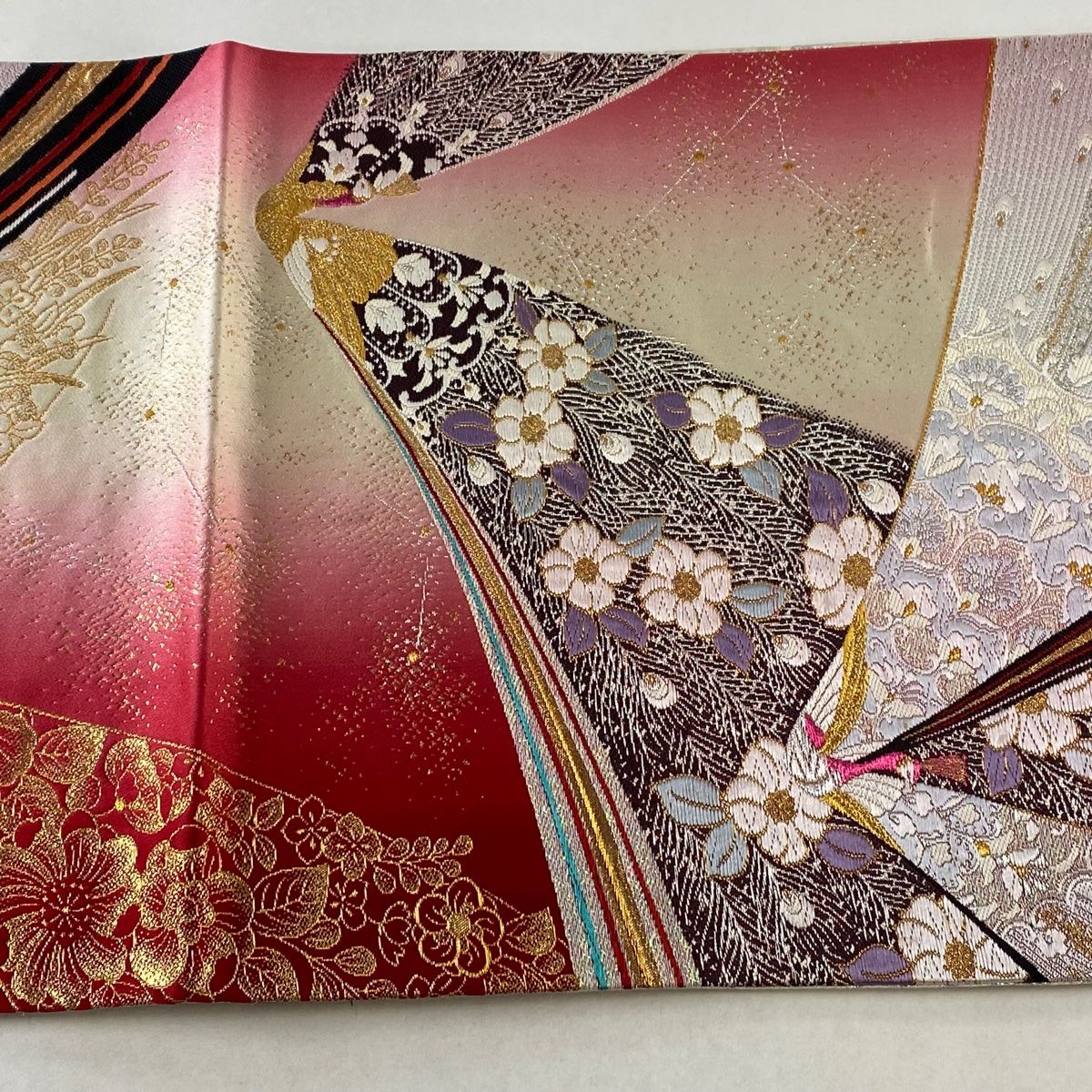 正絹 生成クリーム×すみれブルー すくい織 手刺繍 袋帯 ガード加工 未使用 袋帯 秀品 川島織物 落款 関西仕立て 市松 草花 金銀糸 箔