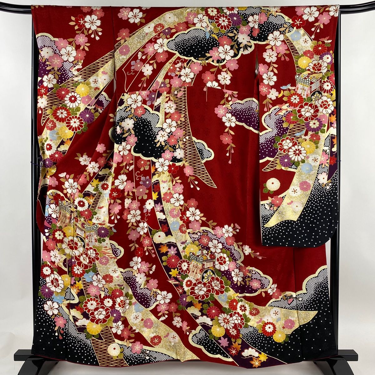 振袖 美品 名品 御所車 草花 金糸 金彩 赤 袷 160.5cm 65cm M 正絹 