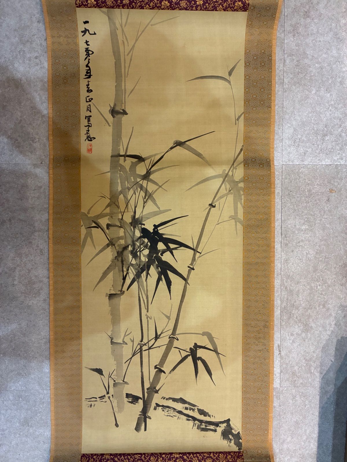 皐月鶴年　菩提樹佛法僧　花鳥図　水墨画　絹本　肉筆　まくり　和 皐月鶴年 菩提樹佛法僧 花鳥図 水墨画 絹本 肉筆 まくり 和