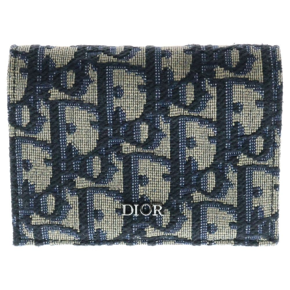 DIOR ディオール オブリーク 総柄 スナップボタン レザーカードケース コンパクトウォレット 財布 ネイビー|グレー