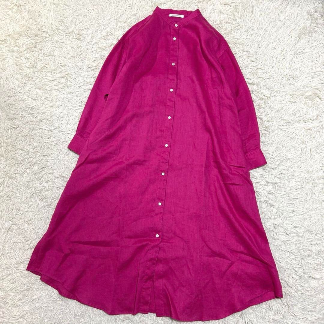 ハウスオブロータス ロング シャツワンピース バンドカラー リネン ピンク