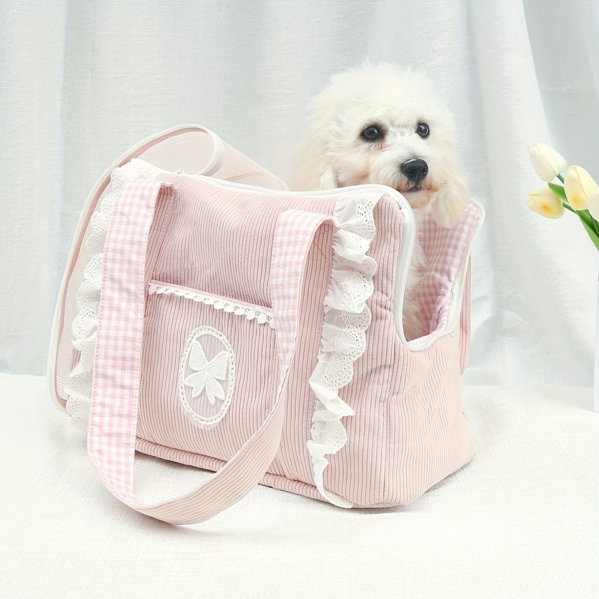 ペットキャリーバッグ 犬用 猫用 小型犬 かわいい 人気 ペット用 オシャレ ペットアウトドアバッグ ピットストリップ 白 ピンク レース