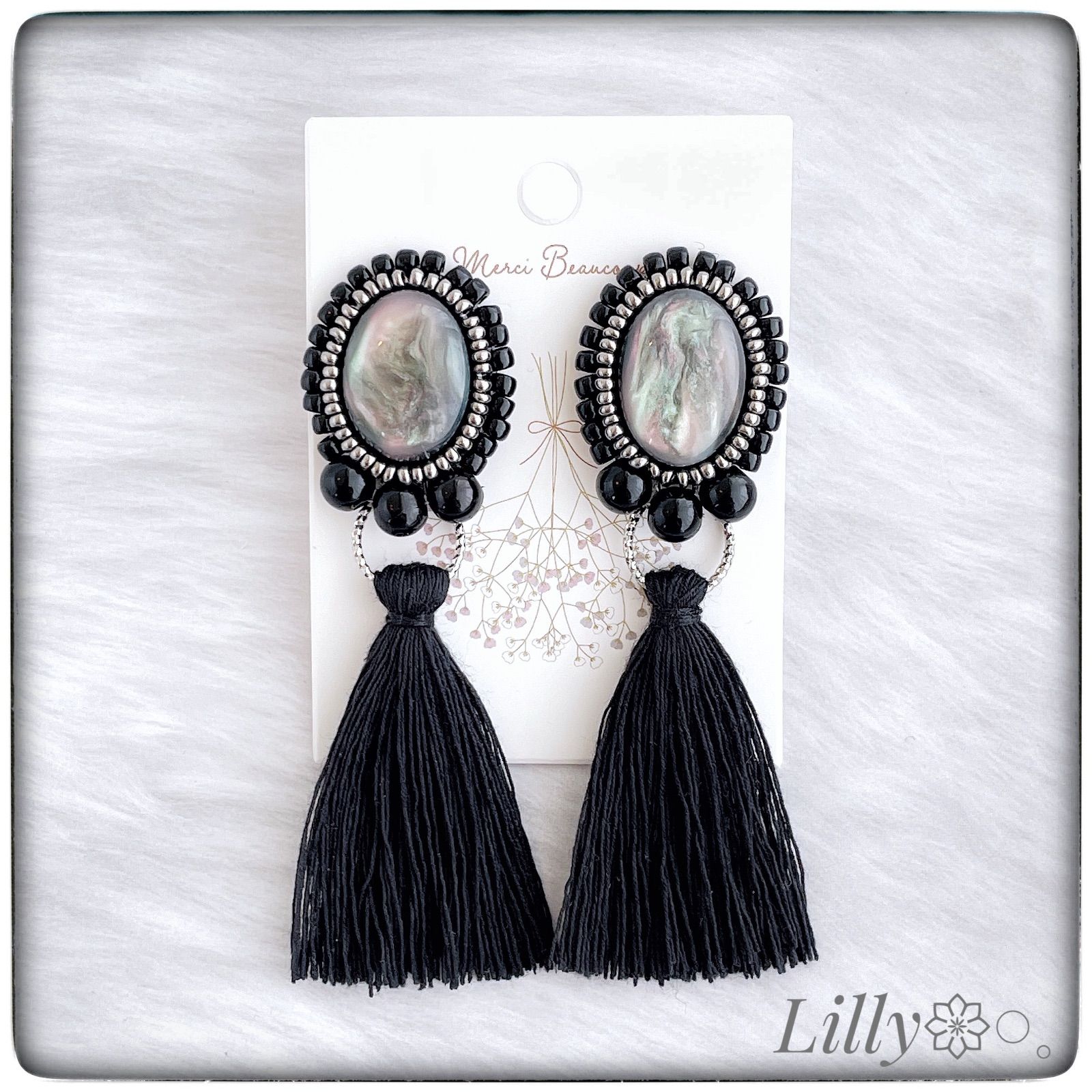 173 大ぶり/タッセルピアス/ビーズ/シルバー/ハンドメイドピアス 