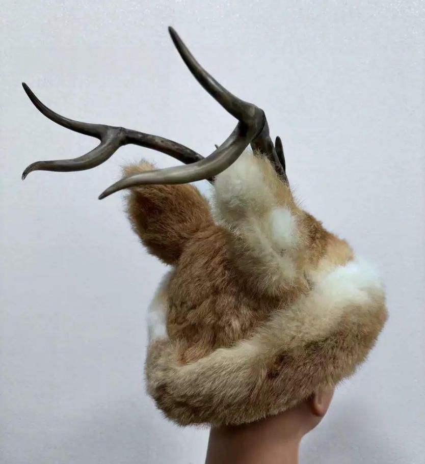 民族風オレン春族牽角帽 真皮動物兎馬毛