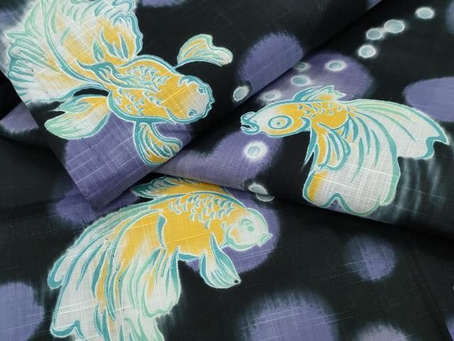平和屋着物∴夏物 浴衣 金魚 黒地 綿 CAAY4630ng