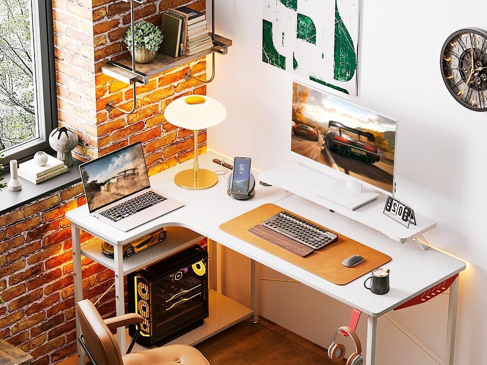 商品 パソコンデスク 幅130 l字 コンセント付き pcデスク デスク ゲーミングデスク 机 ラック付き desk 収納 ODK 組立簡単 左棚 White