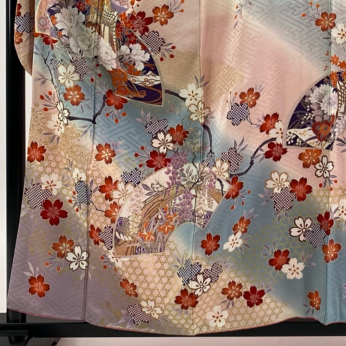 振袖 身丈157.5cm 裄丈64cm M 袷 御所車 枝垂れ桜 金銀糸 金彩