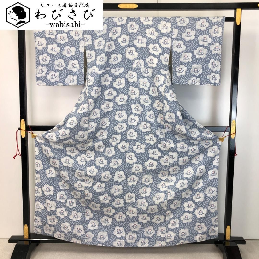 小紋 総絞り 椿の花模様 青袋鼠色 K-5428