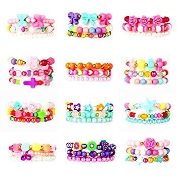 PinkSeep ビーズブレスレット 子供用 12個パック 36個 小さな女の子のプラスチックブレスレット フラワーバタフライピンクブレスレット パーティ