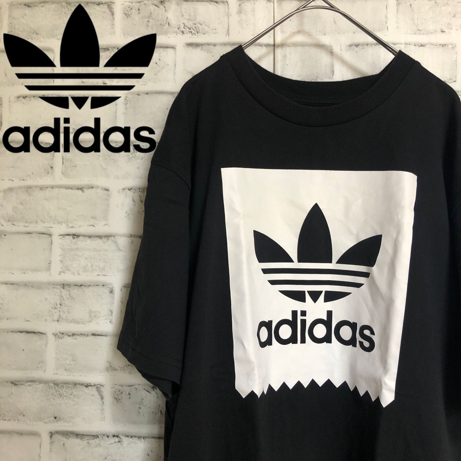 XL⭐️adidas アディダスオリジナルス ボックス ビッグトレファイルロゴ Tシャツ ブラック×ホワイト