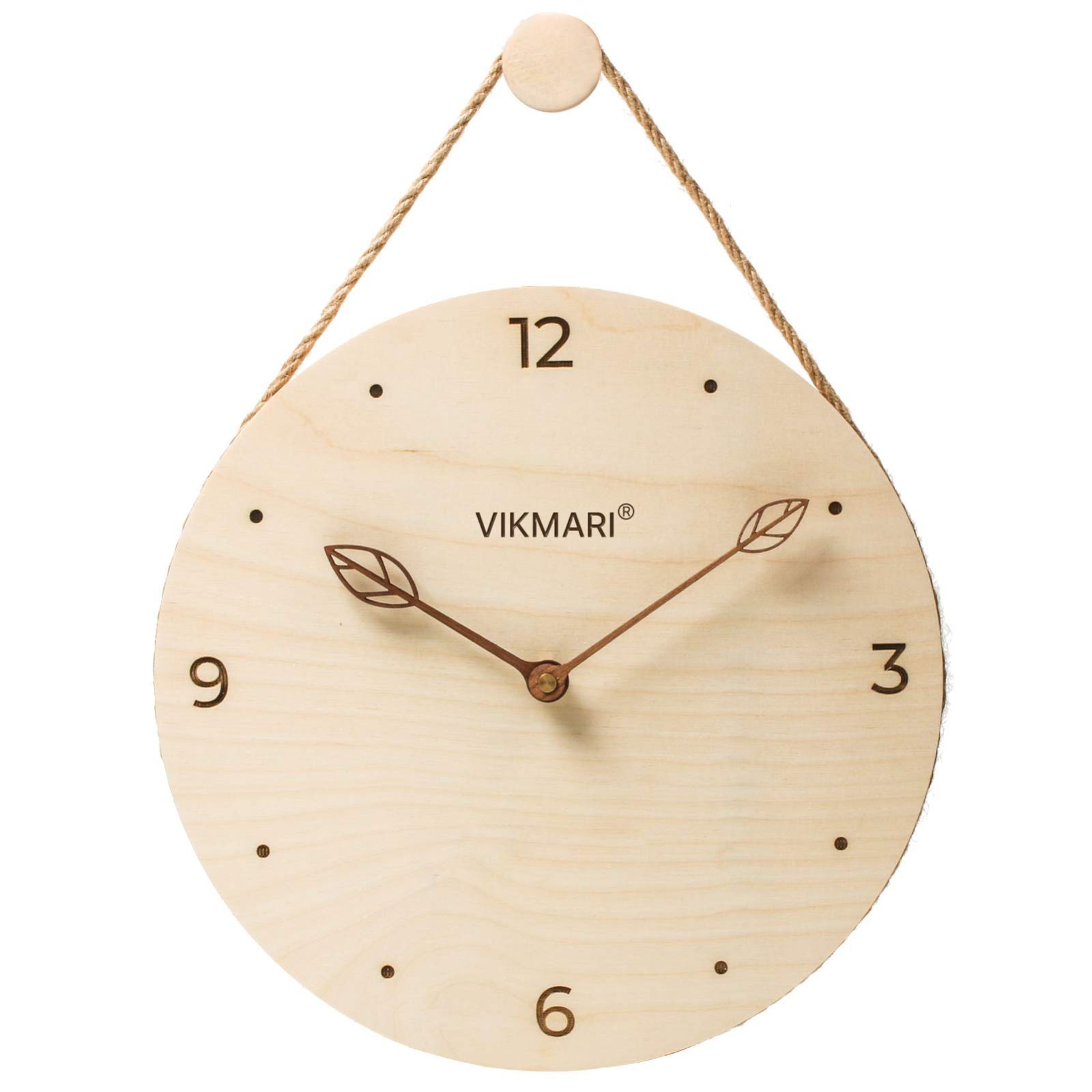 VIKMARI 北欧風 天然木 円形 壁掛け時計 木製文字盤 彫刻したインデックス アラビア数字 木製枝型指針 静音 連続秒針 非電波 ウォールクロック