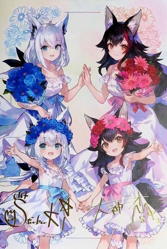 中古】ポストカード 白上フブキ＆大神ミオ 箔押し複製サイン入り藤