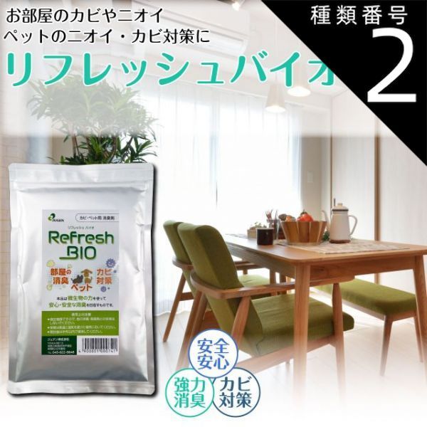 種類2 2袋 お買い物マラソン 全品ポイント5倍アップ中 ペット カビ 消臭剤 部屋 車 トイレ 介護 リフレッシュバイオ 200g バスチル菌 置き型 無添加 エアコン お風呂 猫 犬 タバコ 強力消臭 脱臭 安心 安全 納豆菌 バイオ 業務用 臭い消し