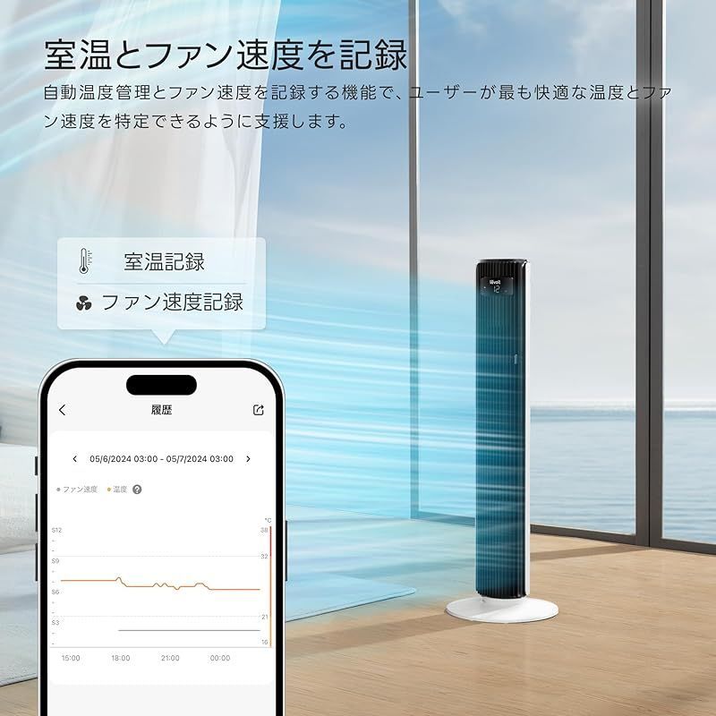 Levoit (レボイト) 扇風機 タワーファン 静音 羽なし スマホ連携 送風機 DCモーター 省エネ 左右90°自動首振り 上下風向き60°調整可  温度センサー付き 自動風量調節 12時間タイマー リモコン付き 7.9m/s 冷風 リビング/寝室 縦型 ス メルカリ