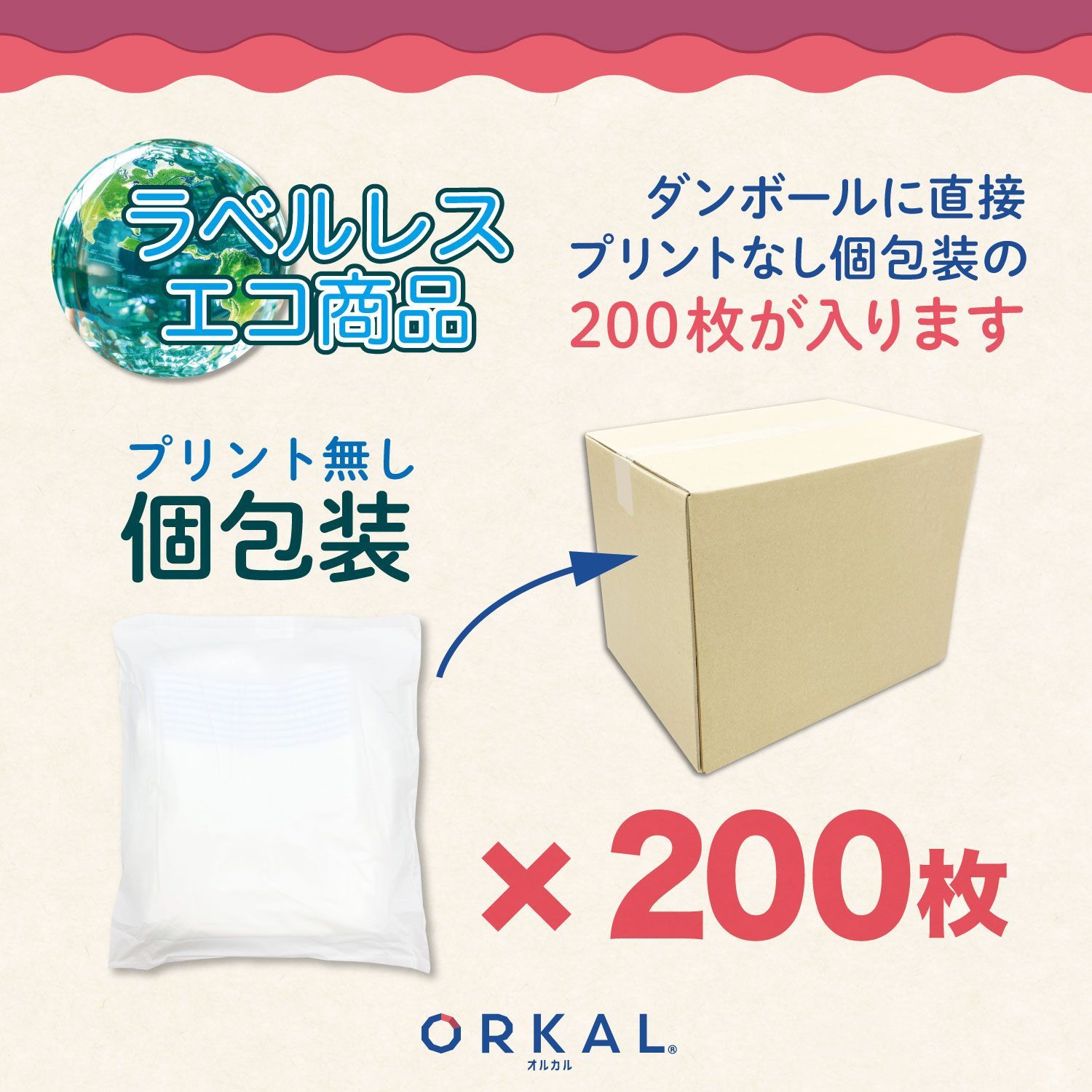 大容量ECO オルカル 大人用おむつ 薄型 紙オムツ 紙パンツ オーガニックコットン 2回吸収 M 個包装 200枚 吸収量多い 介護 男性 女性 災害 ORKAL 200枚 ORKAL-PNT2-ECO-M200